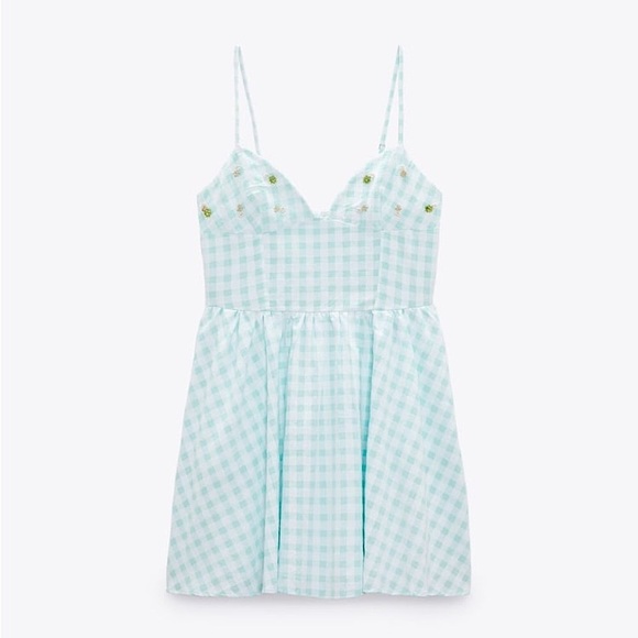 ZARA GINGHAM BEADED FLOWER DETAILED DRESS WITH POCKETS - Picture 2 of 14